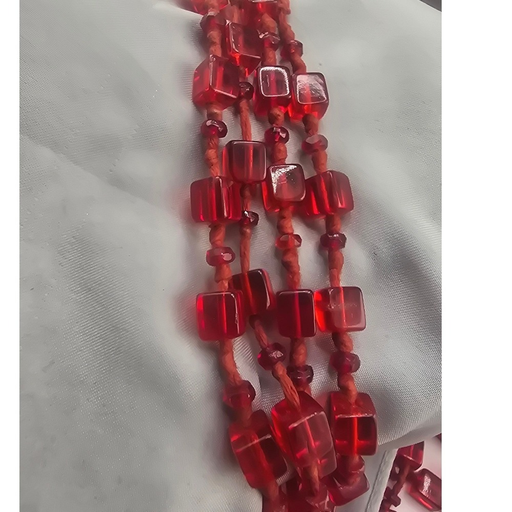 Vintage Estate Necklace Red Cube Square Glass Beaded Long Knotted Cord 56 Inch